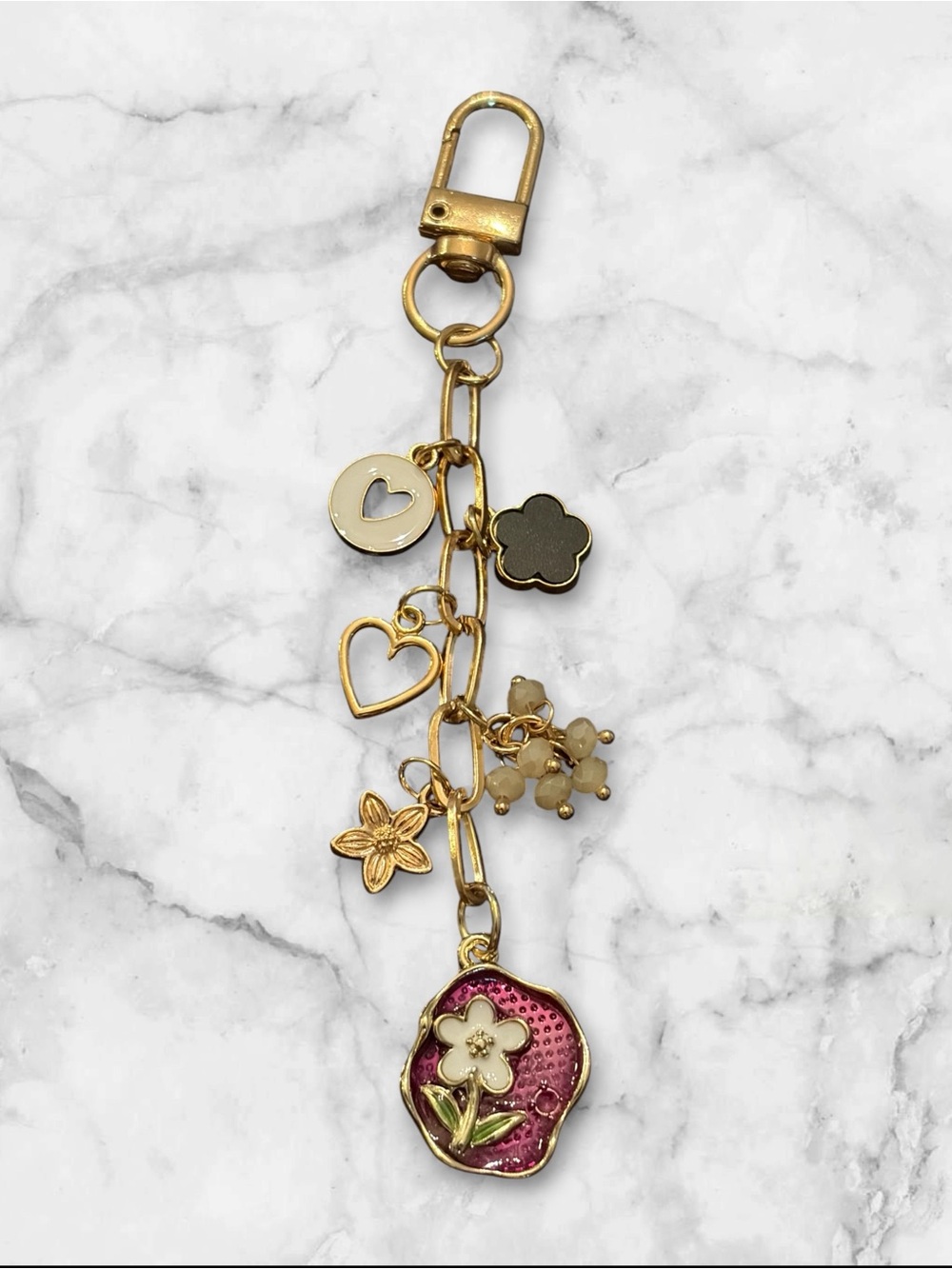 Gold-Tone Pink Floral Charm Keychain with Heart & Flower Accents